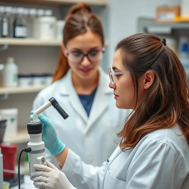 Two researchers in laboratory coats working with scientific equipment