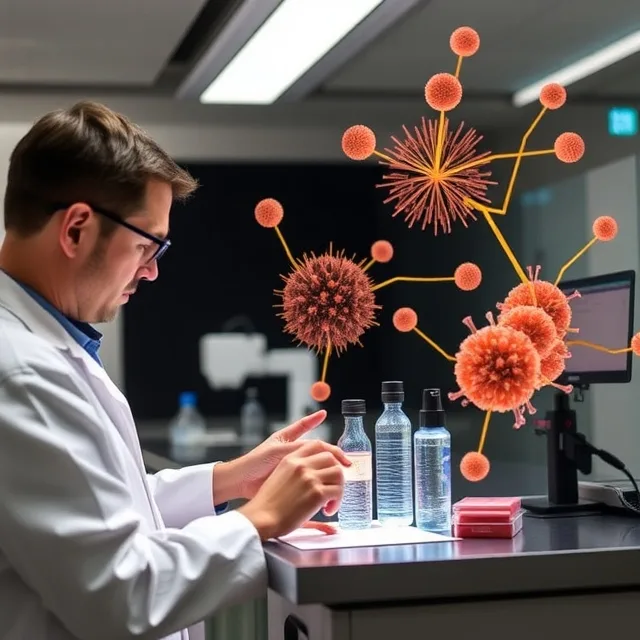 Scientific illustration of a researcher at a laboratory bench with molecular forms
