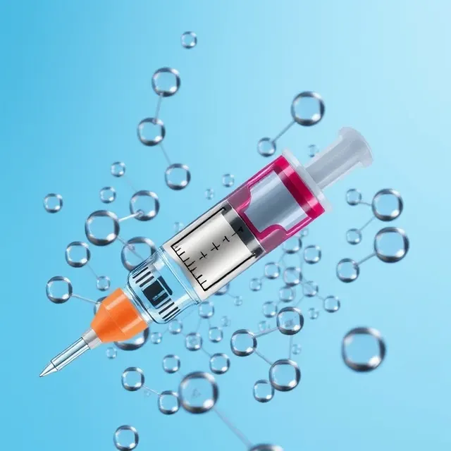 Scientific illustration of a syringe surrounded by molecular forms