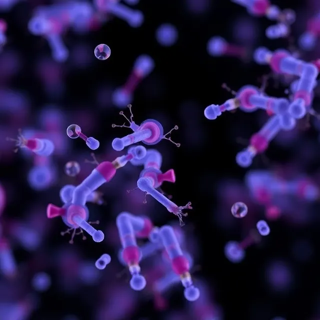 Abstract scientific illustration of purple molecular forms