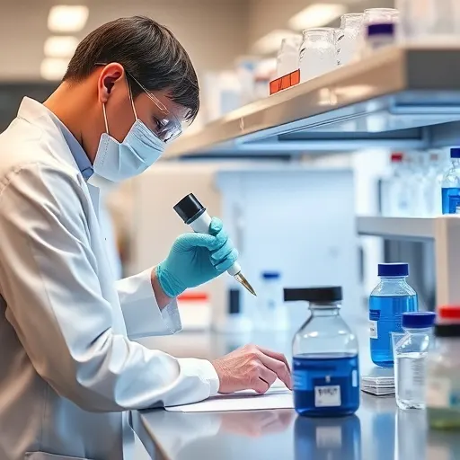 Researcher in protective glasses using a pipette at a laboratory bench