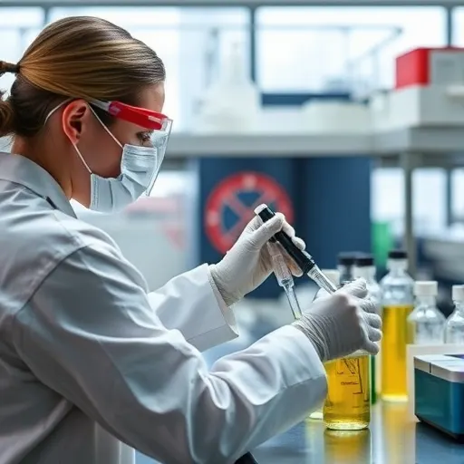 Scientist handling a pipette beside flasks of yellow liquid