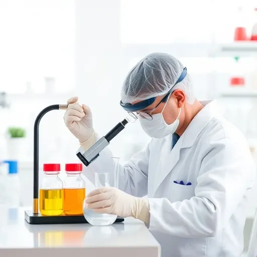 Laboratory researcher working beside bottles of prepared solutions