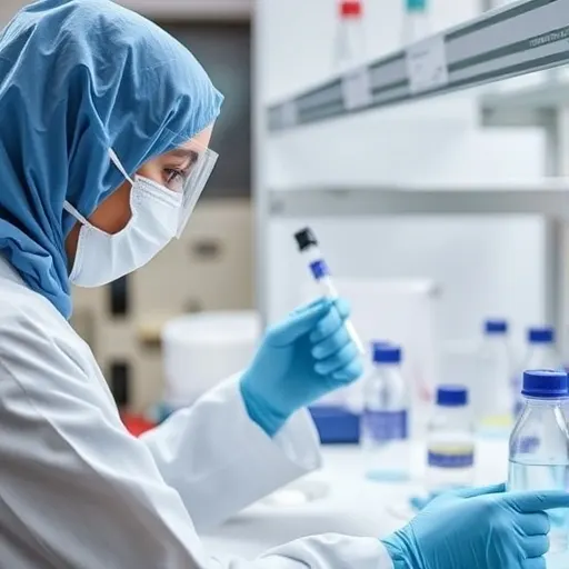 Researcher in protective clothing examining a sample at a lab bench