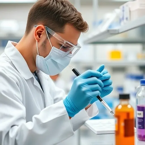 Scientist carefully pipetting a sample into a small laboratory tube