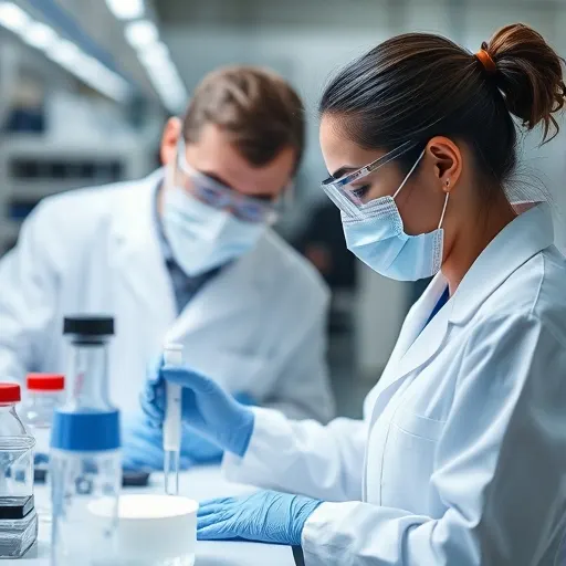 Two researchers collaborating on sample preparation in a laboratory