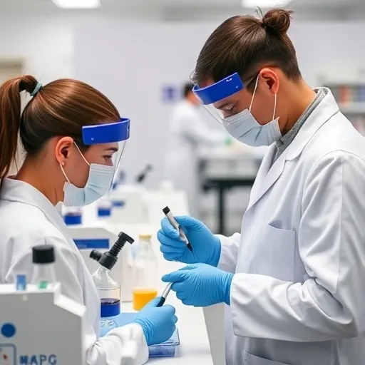 Laboratory team working beside scientific equipment and glassware