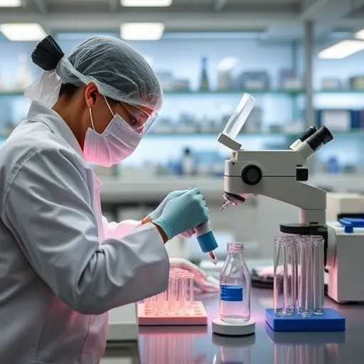 Researcher using a microscope beside laboratory sample racks